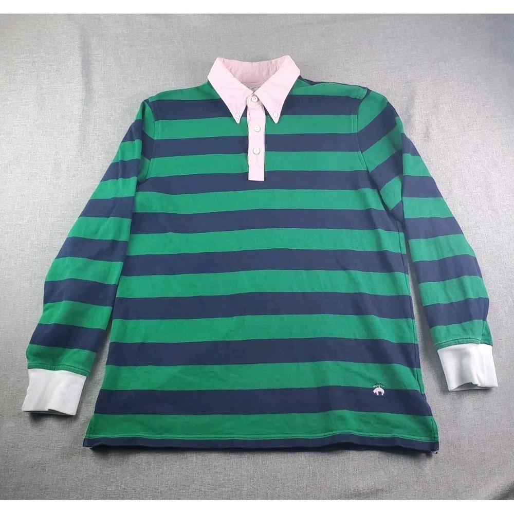 Brooks Brothers Rugby Polo Shirt Mens L Green Blue Stripe Classic Long Sleeve